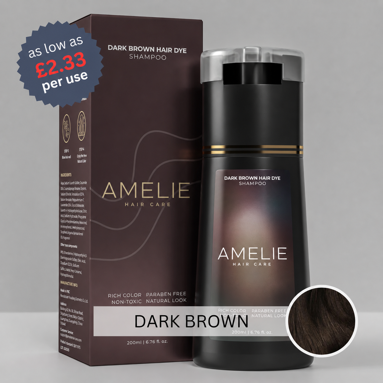 Polar Dark Brown Hair Dye Shampoo with packaging on a gray background